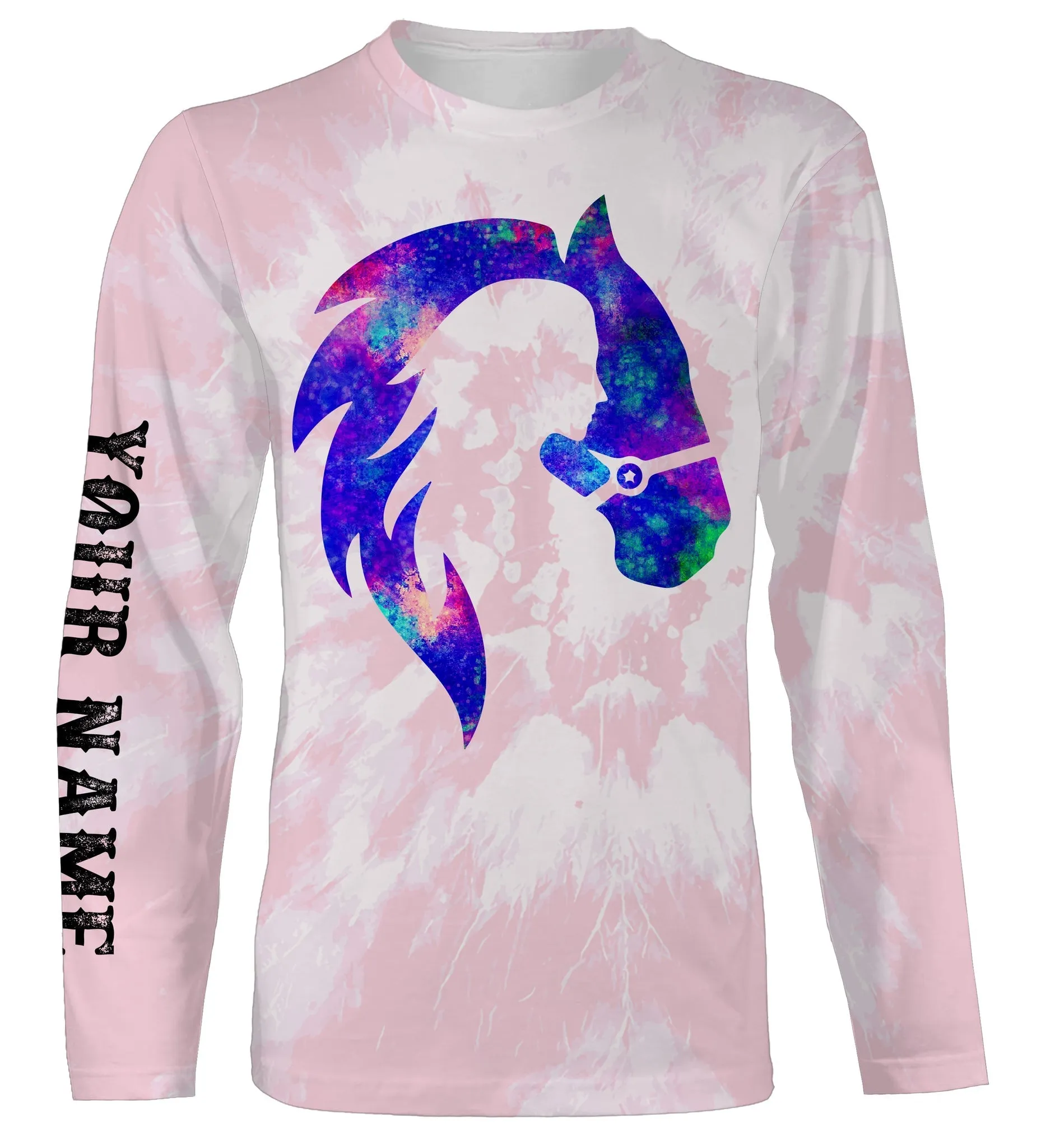 Girl Riding Horse Pink Tie Dye Purple Custom Name 3D All Over Printed Long Sleeve Shirts Personalized Horse Shirt