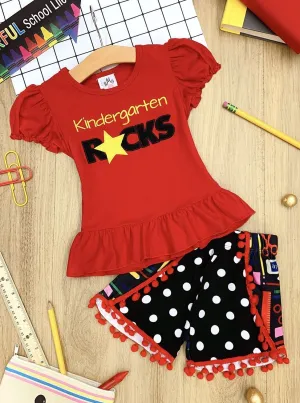 Girls 1st Day of School "Kindergarten Rocks" Ruffled Top & Dotted School Supplies Print Pom Pom Shorts Set