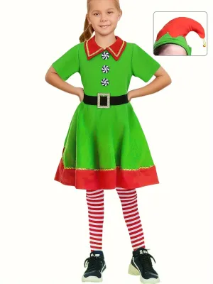 Girls Adorable Elf Dress For Christmas Gift Party Carnival Performance ( Include Hats, Belts, Clothes, And Socks)