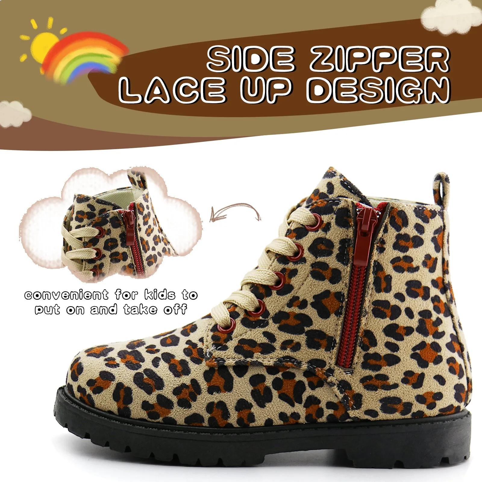 Girls Ankle Boot Side Zipper Lace Up Work Boots