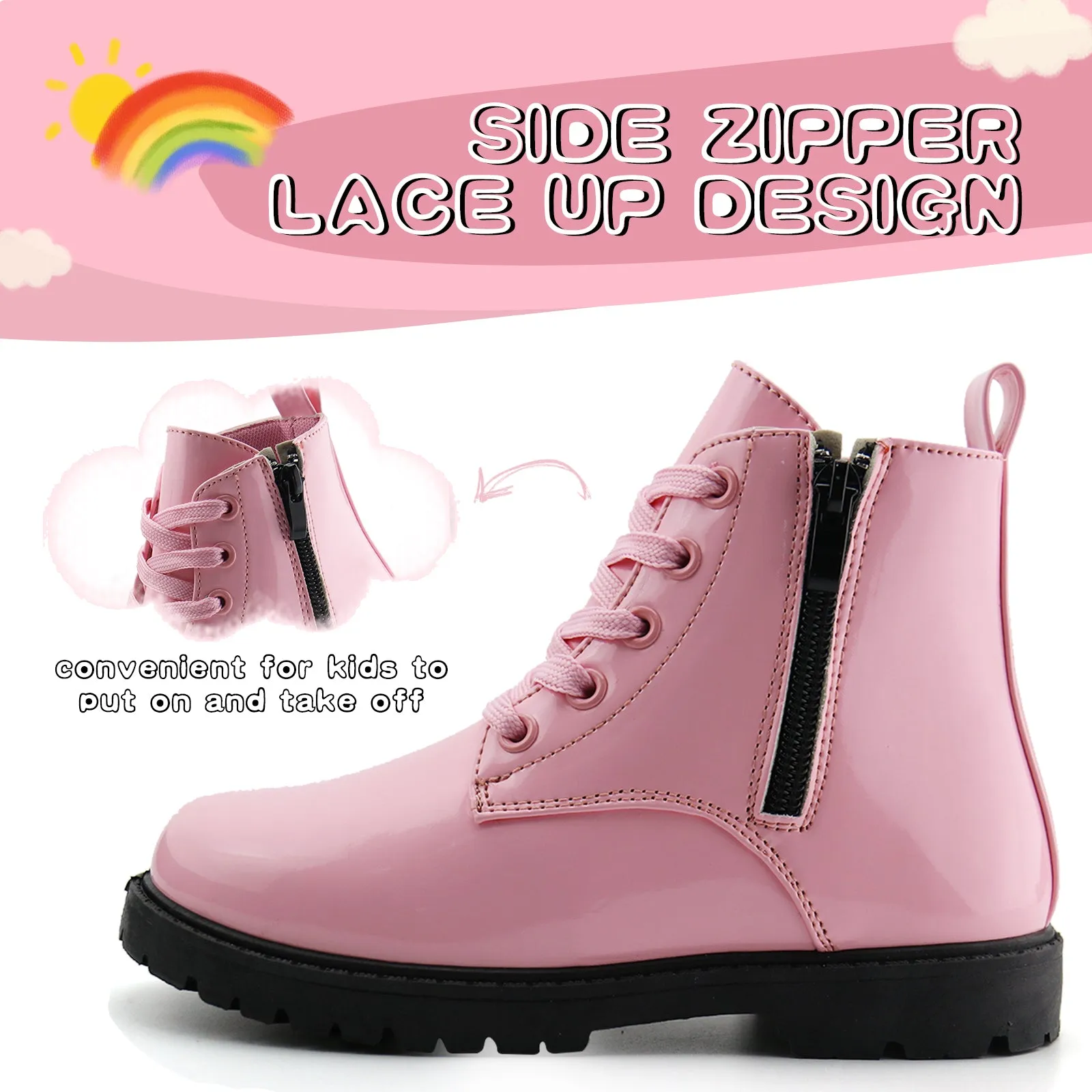 Girls Ankle Boot Side Zipper Lace Up Work Boots