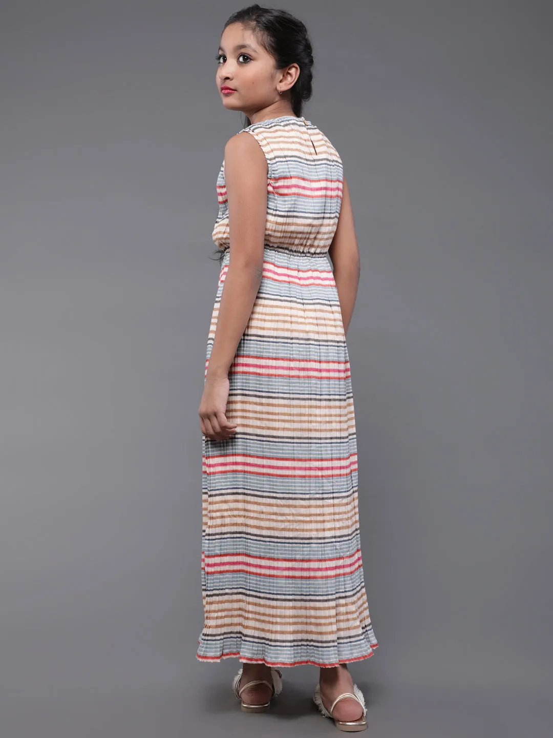 Girl's Beige & Red Striped Printed Pleated Maxi Dress - Aks Girls