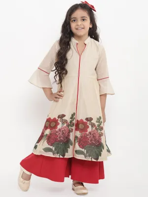 Girl's Beige Flower Printed Kurta With Red Palazzos - Bitiya By Bhama