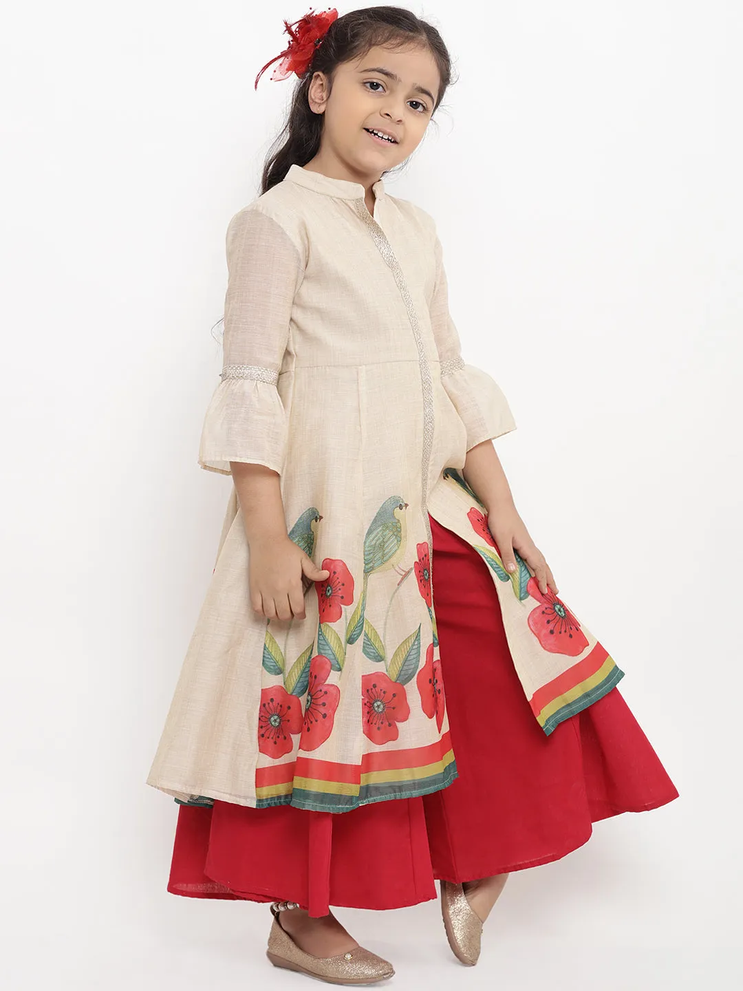 Girls Beige Printed Kurti With Red Palazzos