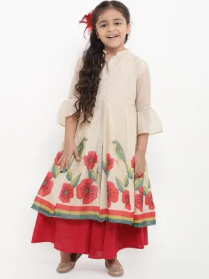 Girls Beige Printed Kurti With Red Palazzos