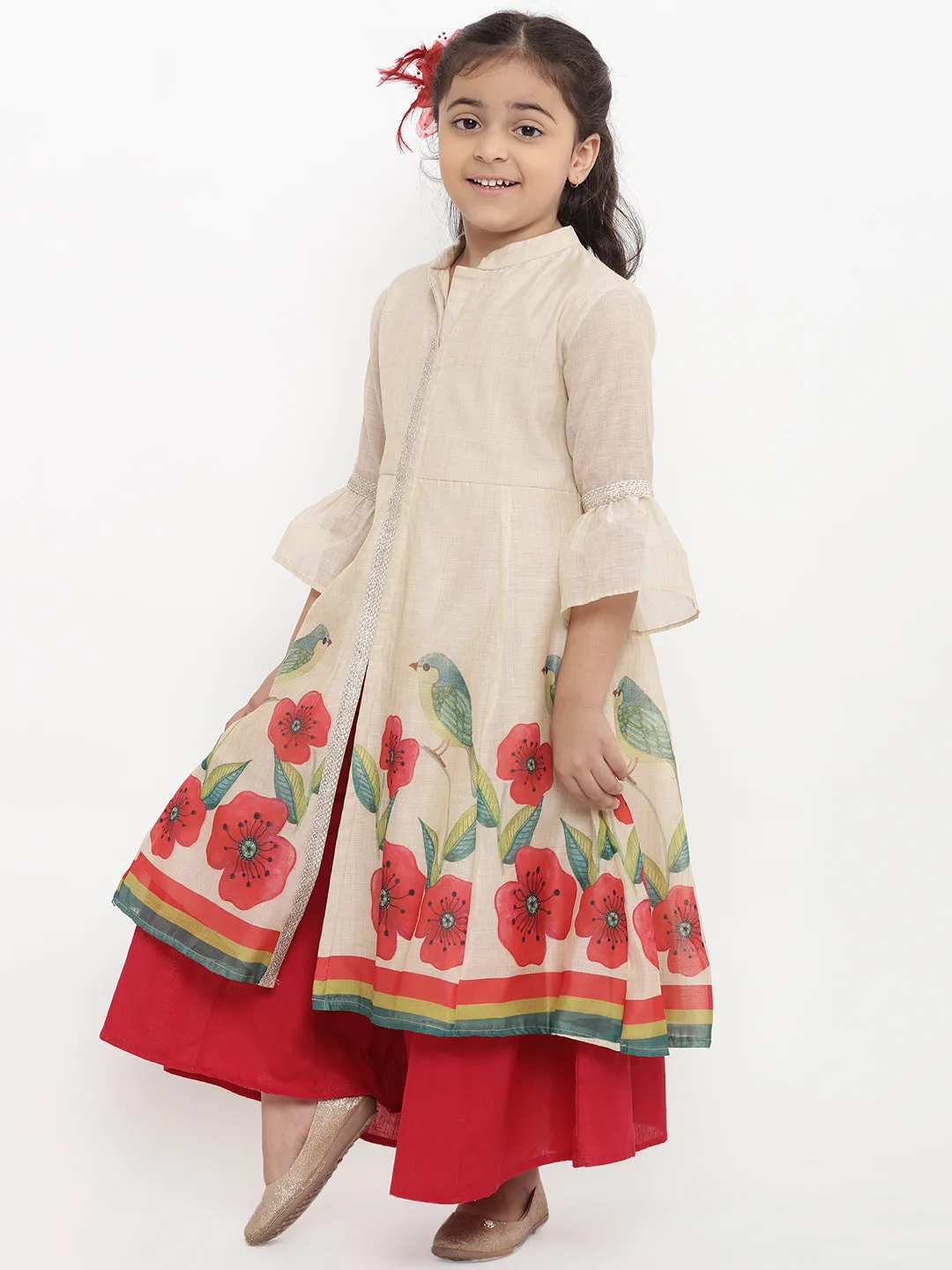 Girls Beige Printed Kurti With Red Palazzos