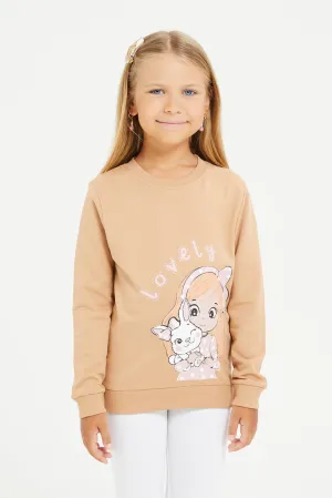 Girls Beige Printed Sweatshirt