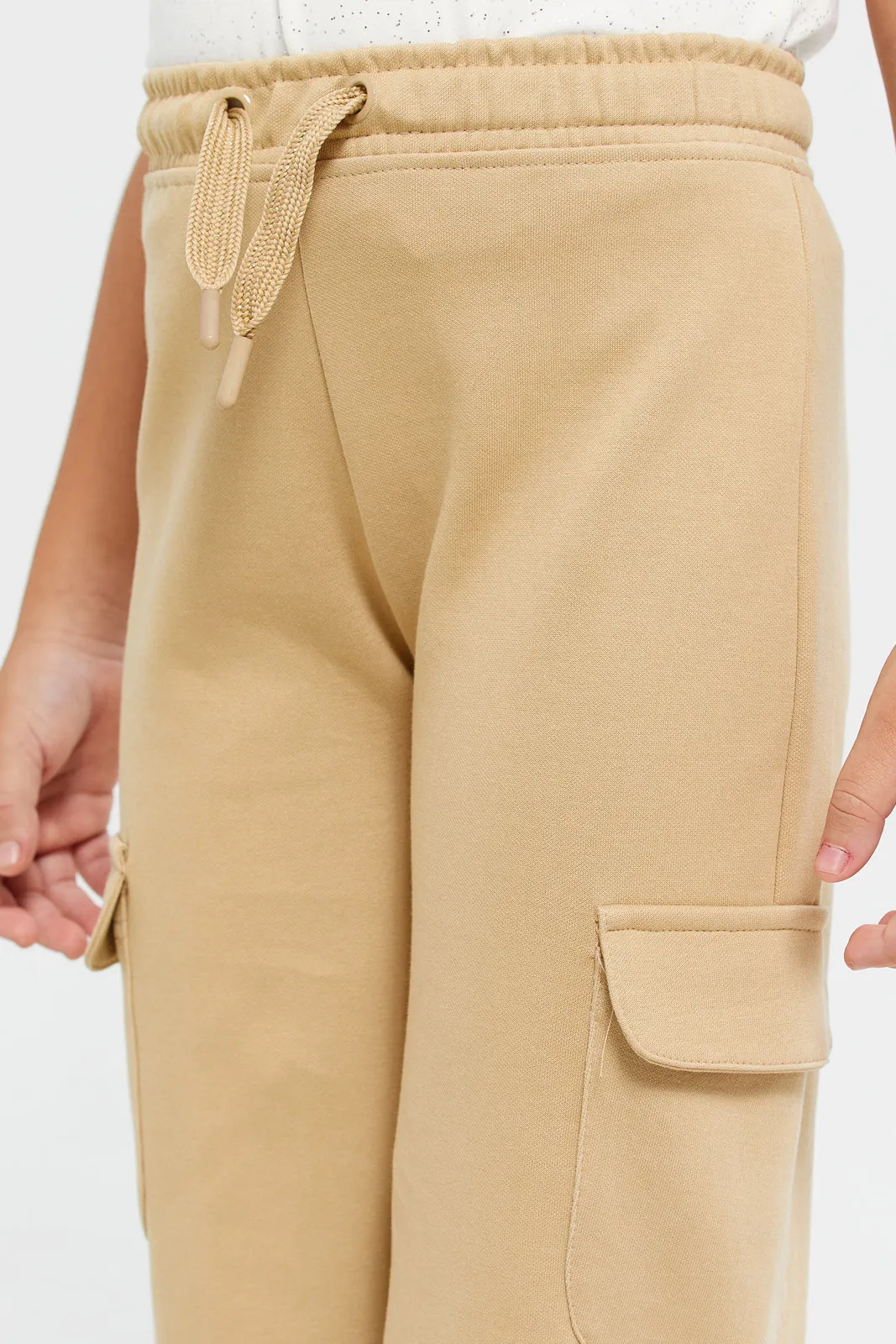 Girls Beige Wide Leg Cargo Track Pants