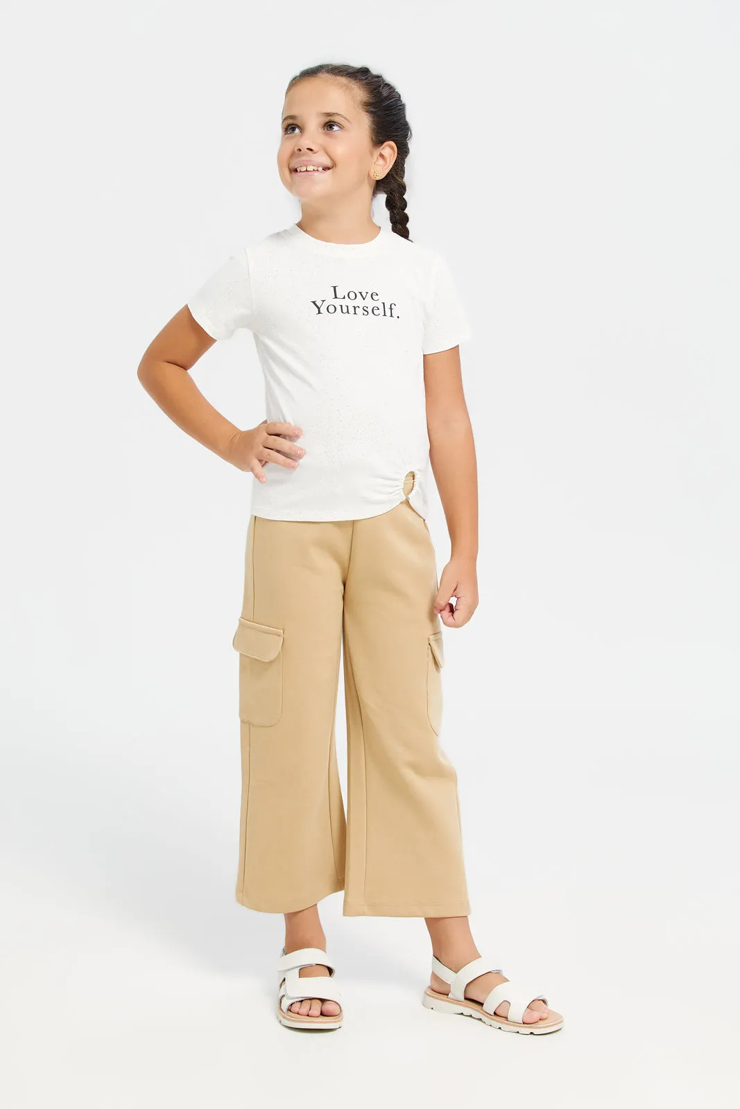 Girls Beige Wide Leg Cargo Track Pants