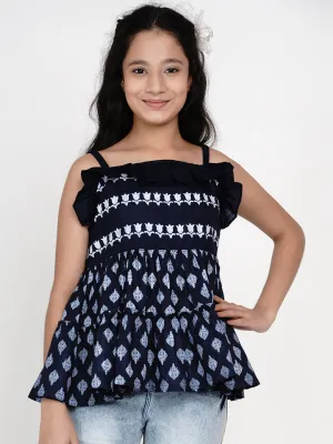 Girl's Bitiya By Bhama Blue & White Printed Top - Bitiya By Bhama