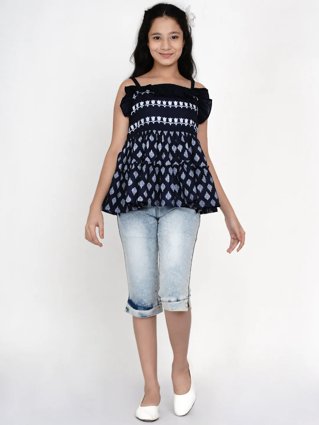 Girl's Bitiya By Bhama Blue & White Printed Top - Bitiya By Bhama