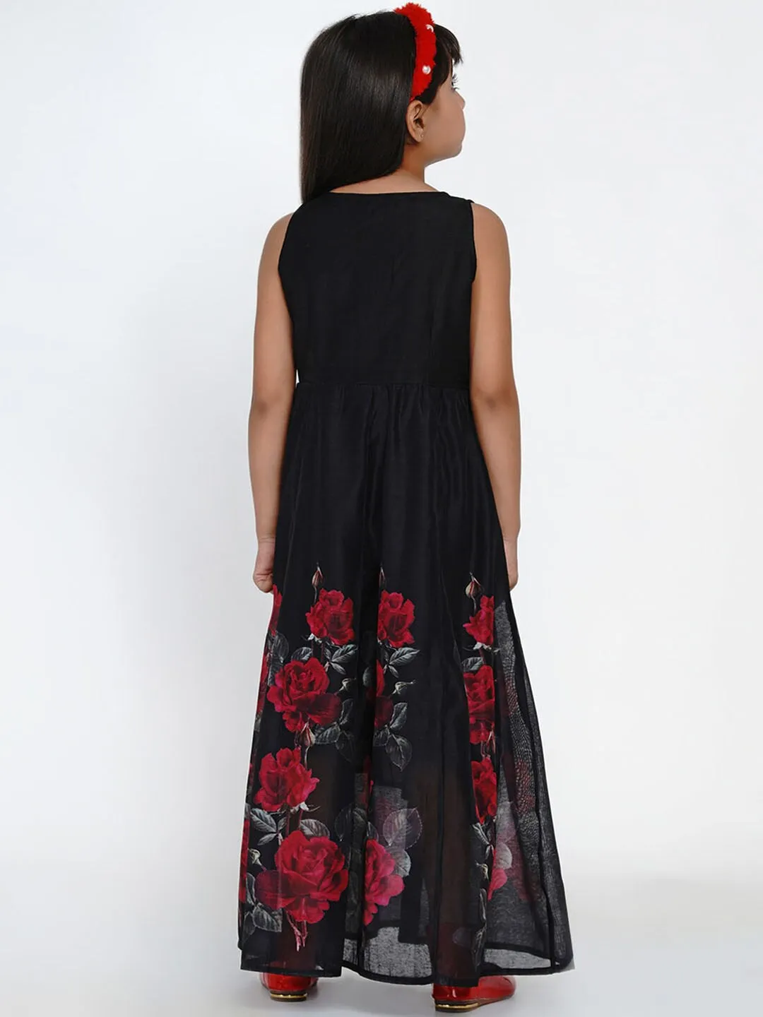 Girl's Black & Red Floral Printed A-Line Maxi Dress - NOZ2TOZ KIDS