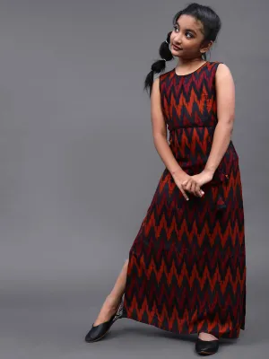 Girl's Black & Red Ikat Printed Maxi Dress - Aks Girls