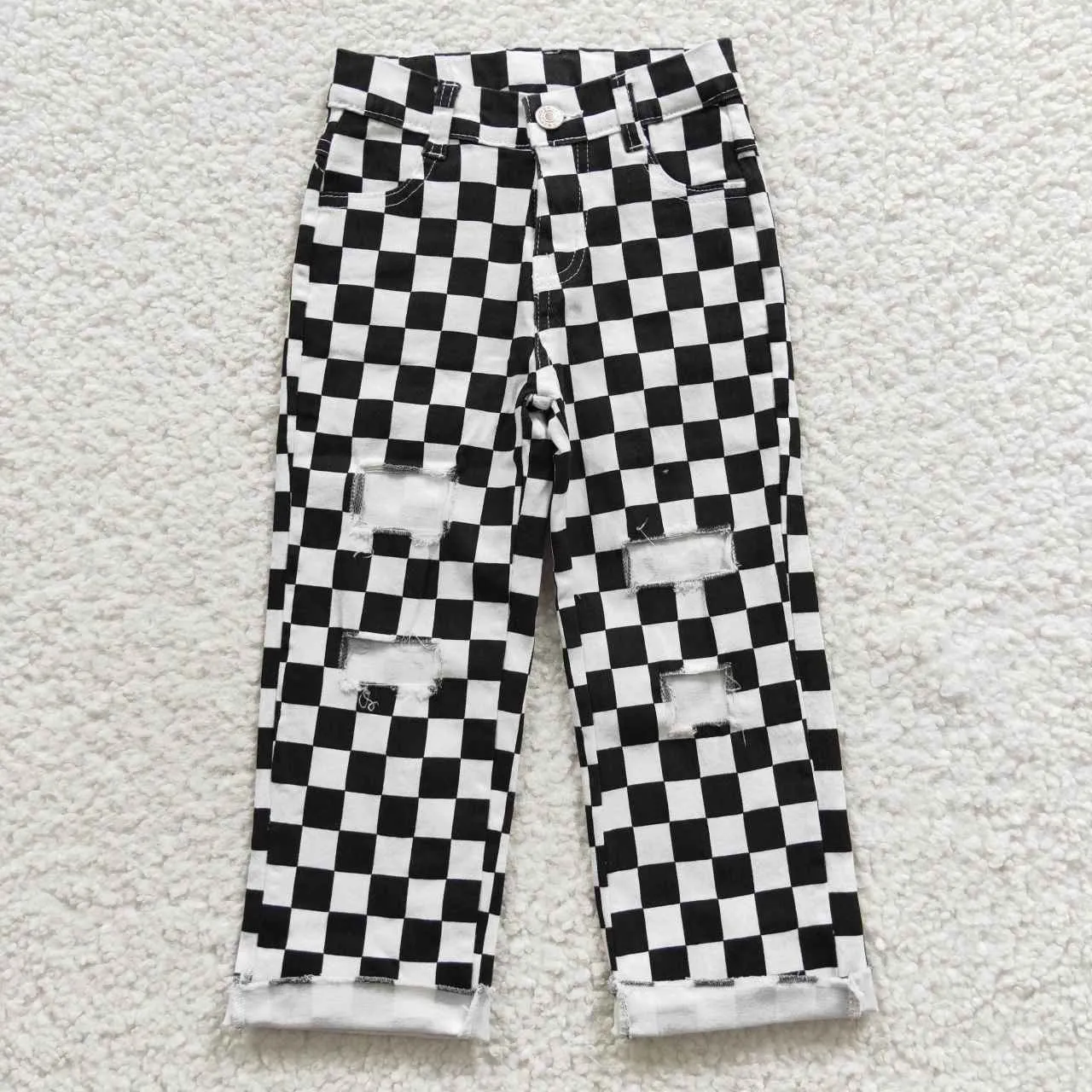 girls Black and white plaid denim jeans P0122