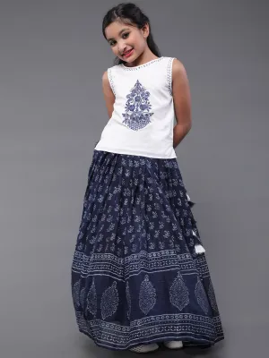 Girl's Blue & White Block Printed Top With Skirt Set - Aks Girls