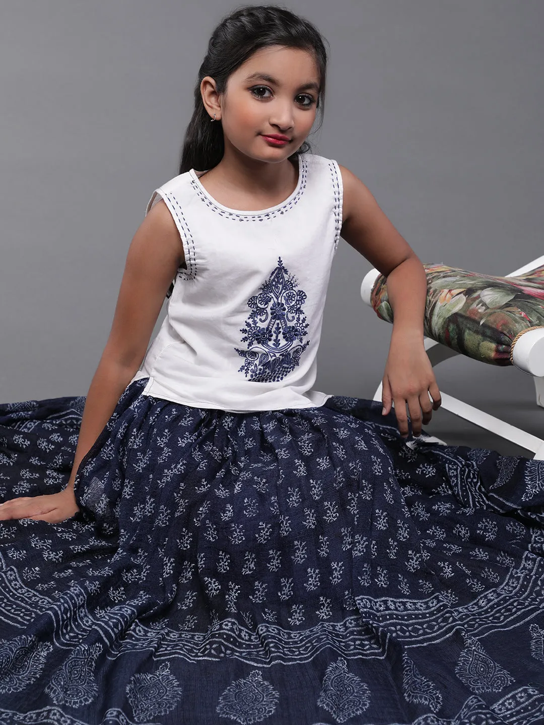 Girl's Blue & White Block Printed Top With Skirt Set - Aks Girls