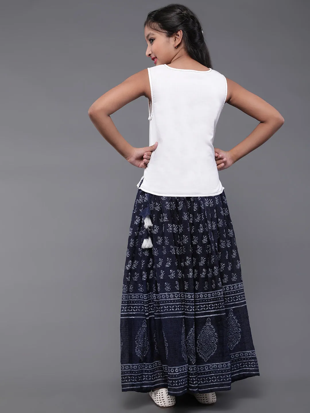 Girl's Blue & White Block Printed Top With Skirt Set - Aks Girls