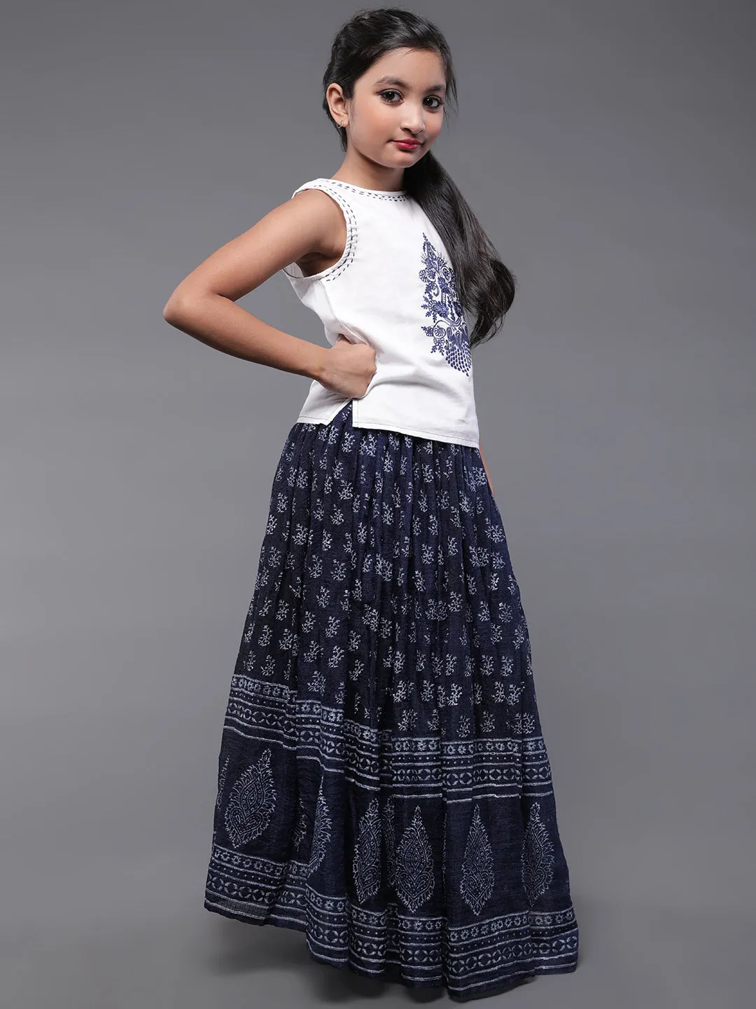 Girl's Blue & White Block Printed Top With Skirt Set - Aks Girls