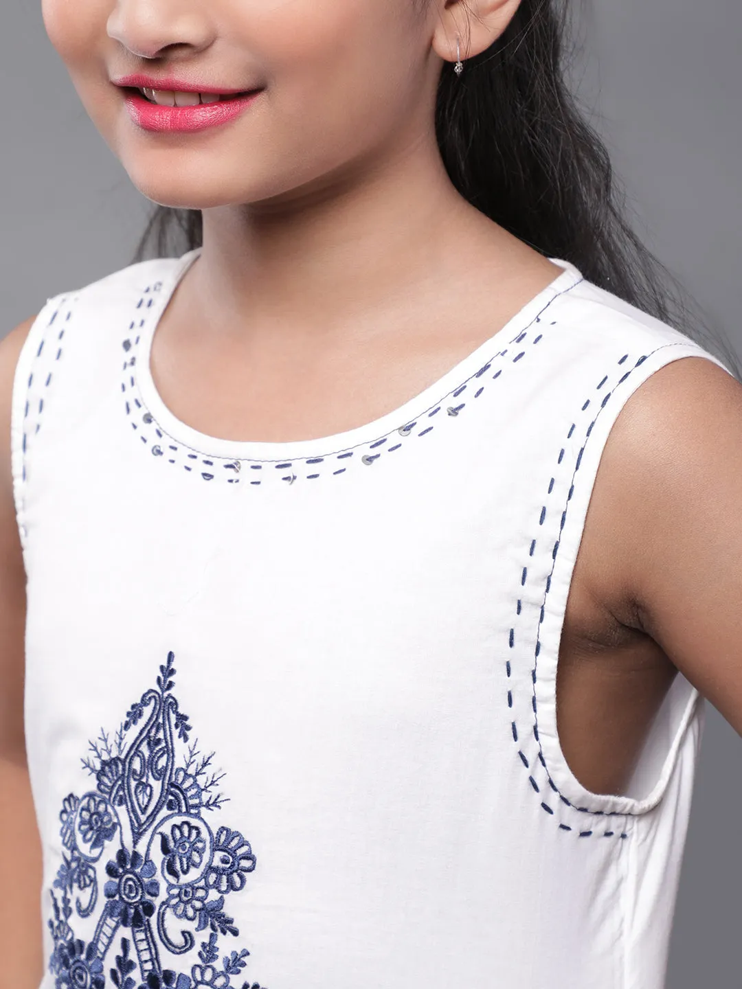 Girl's Blue & White Block Printed Top With Skirt Set - Aks Girls