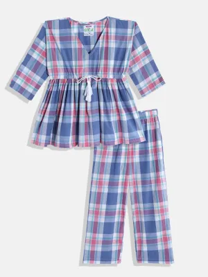 Girls Blue and Pink Checks Kimono Pyjama Set