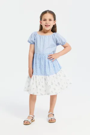 Girls Blue And White Printed Dress