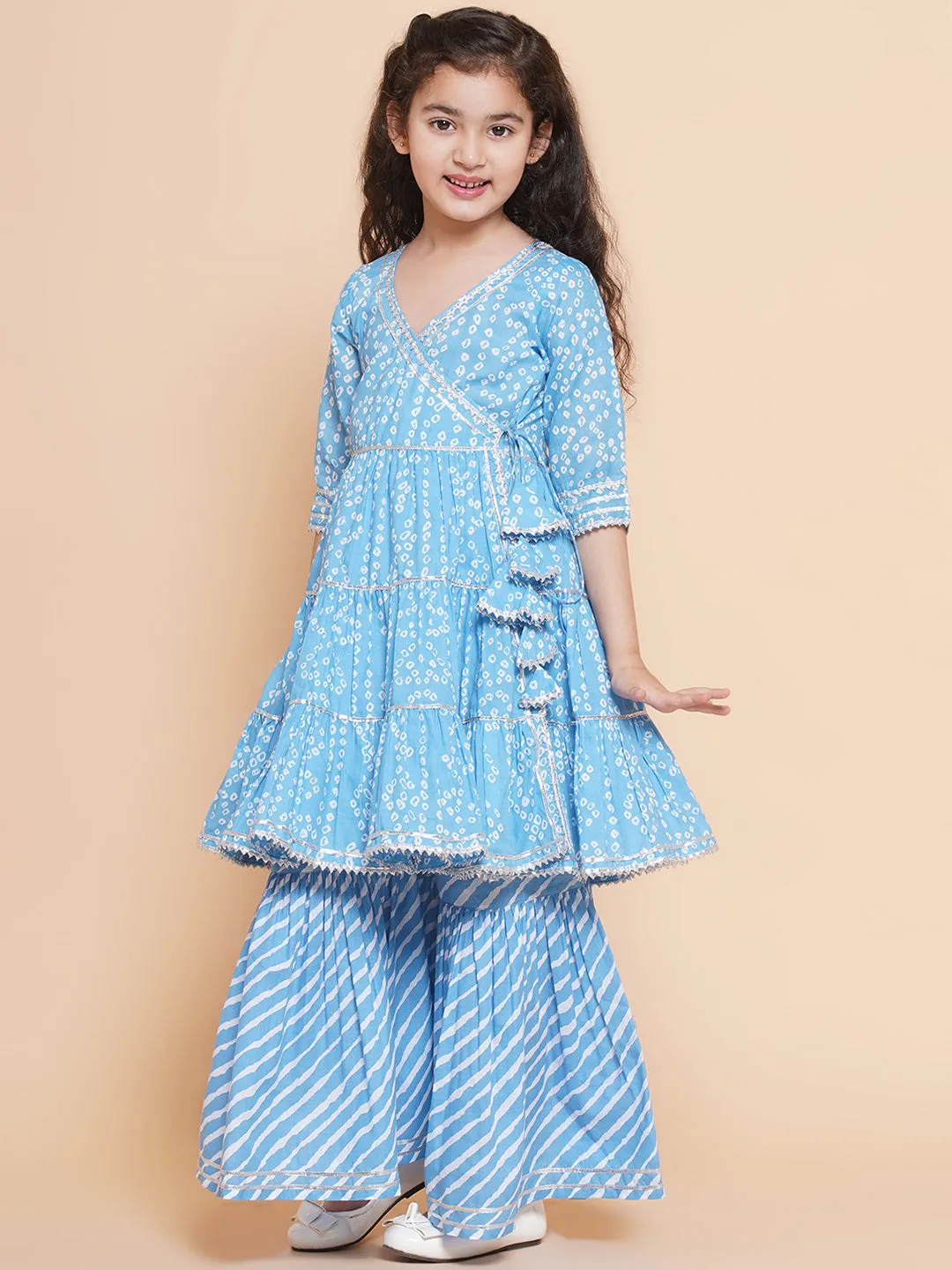 Girl's  Blue Bandhani  Printed Angrakha Gotta Patti Kurta With Sharara  With Dupatta - Bitiya By Bhama