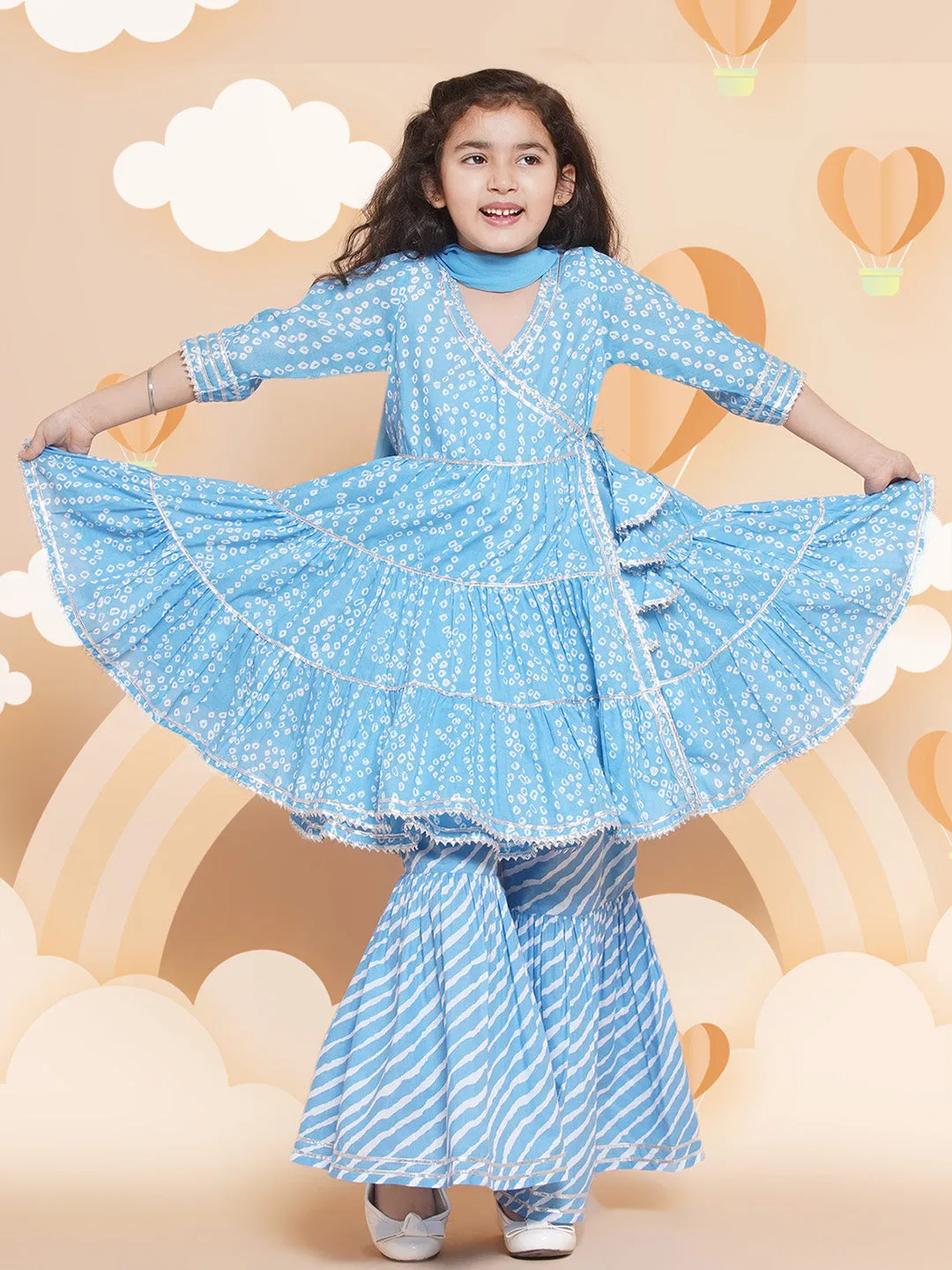 Girl's  Blue Bandhani  Printed Angrakha Gotta Patti Kurta With Sharara  With Dupatta - Bitiya By Bhama