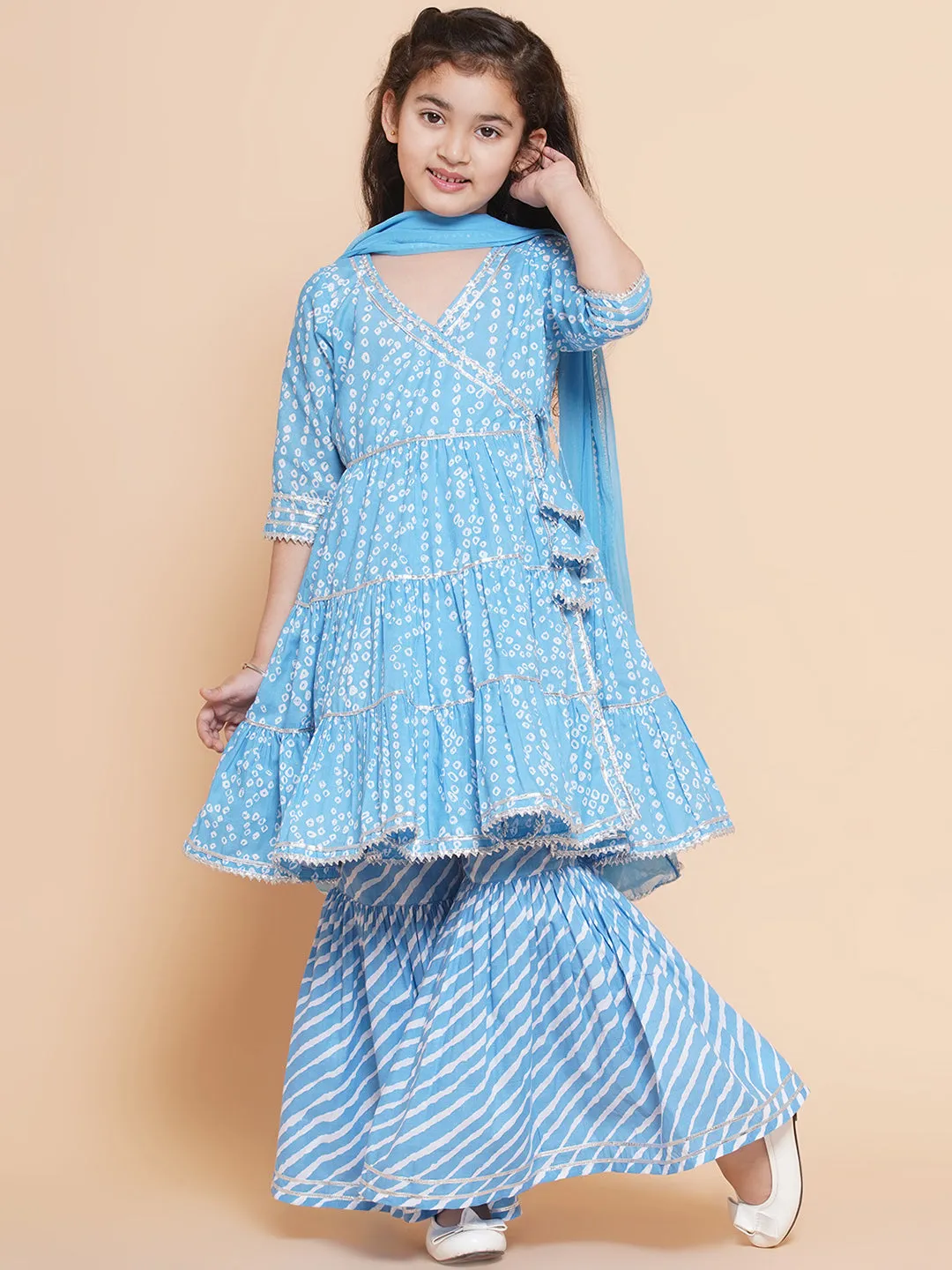 Girl's  Blue Bandhani  Printed Angrakha Gotta Patti Kurta With Sharara  With Dupatta - Bitiya By Bhama