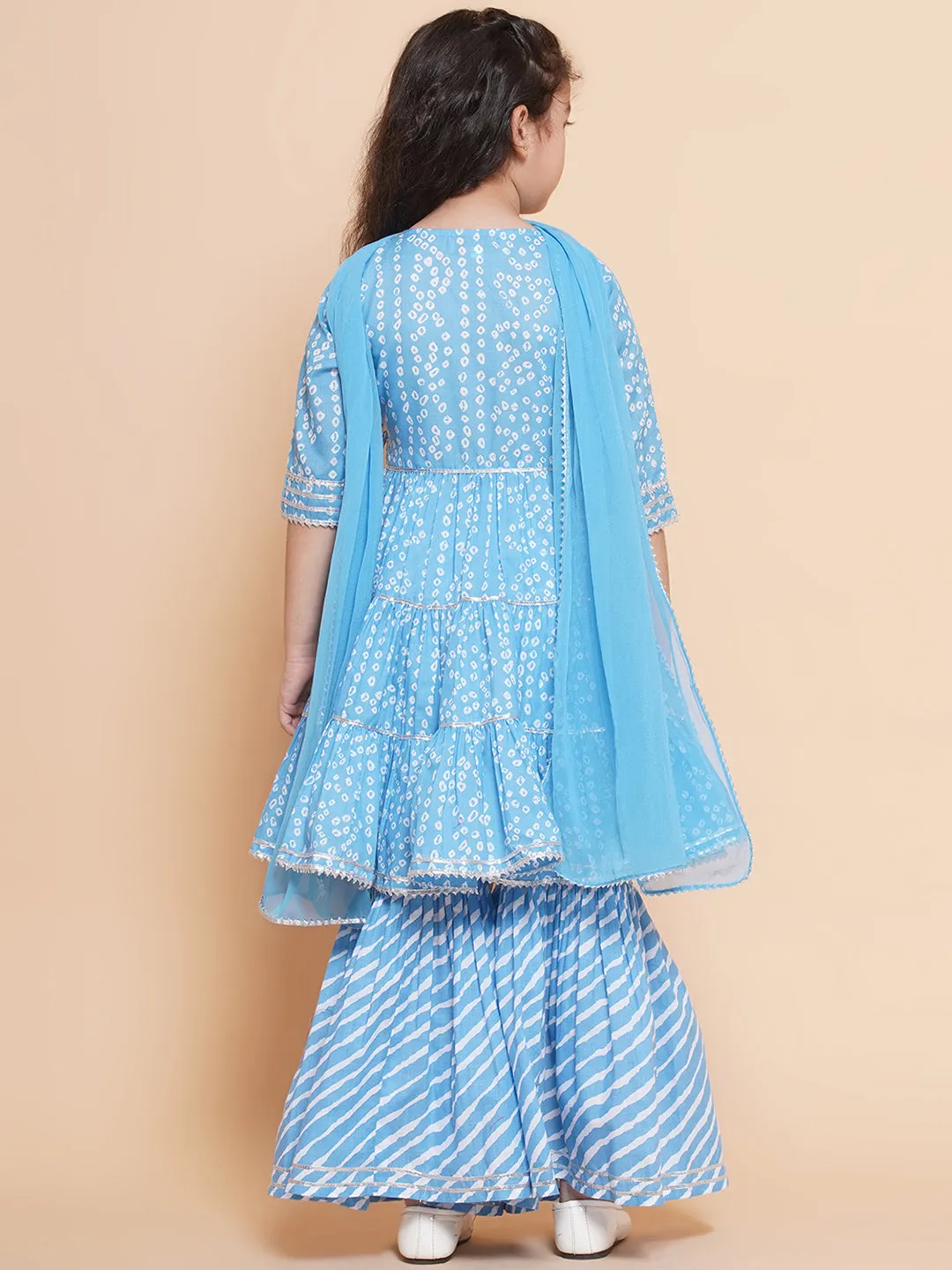 Girl's  Blue Bandhani  Printed Angrakha Gotta Patti Kurta With Sharara  With Dupatta - Bitiya By Bhama