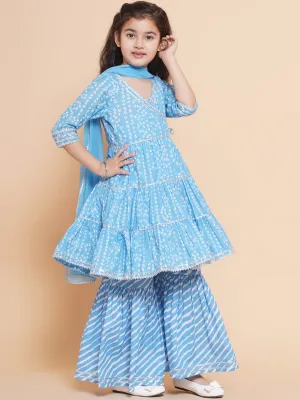 Girl's  Blue Bandhani  Printed Angrakha Gotta Patti Kurta With Sharara  With Dupatta - Bitiya By Bhama