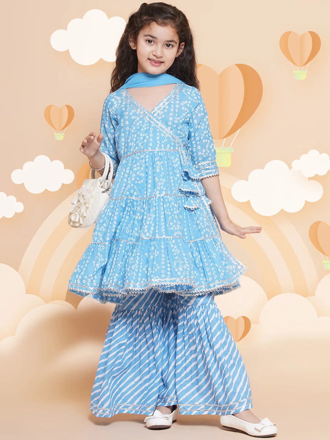 Girl's  Blue Bandhani  Printed Angrakha Gotta Patti Kurta With Sharara  With Dupatta - Bitiya By Bhama