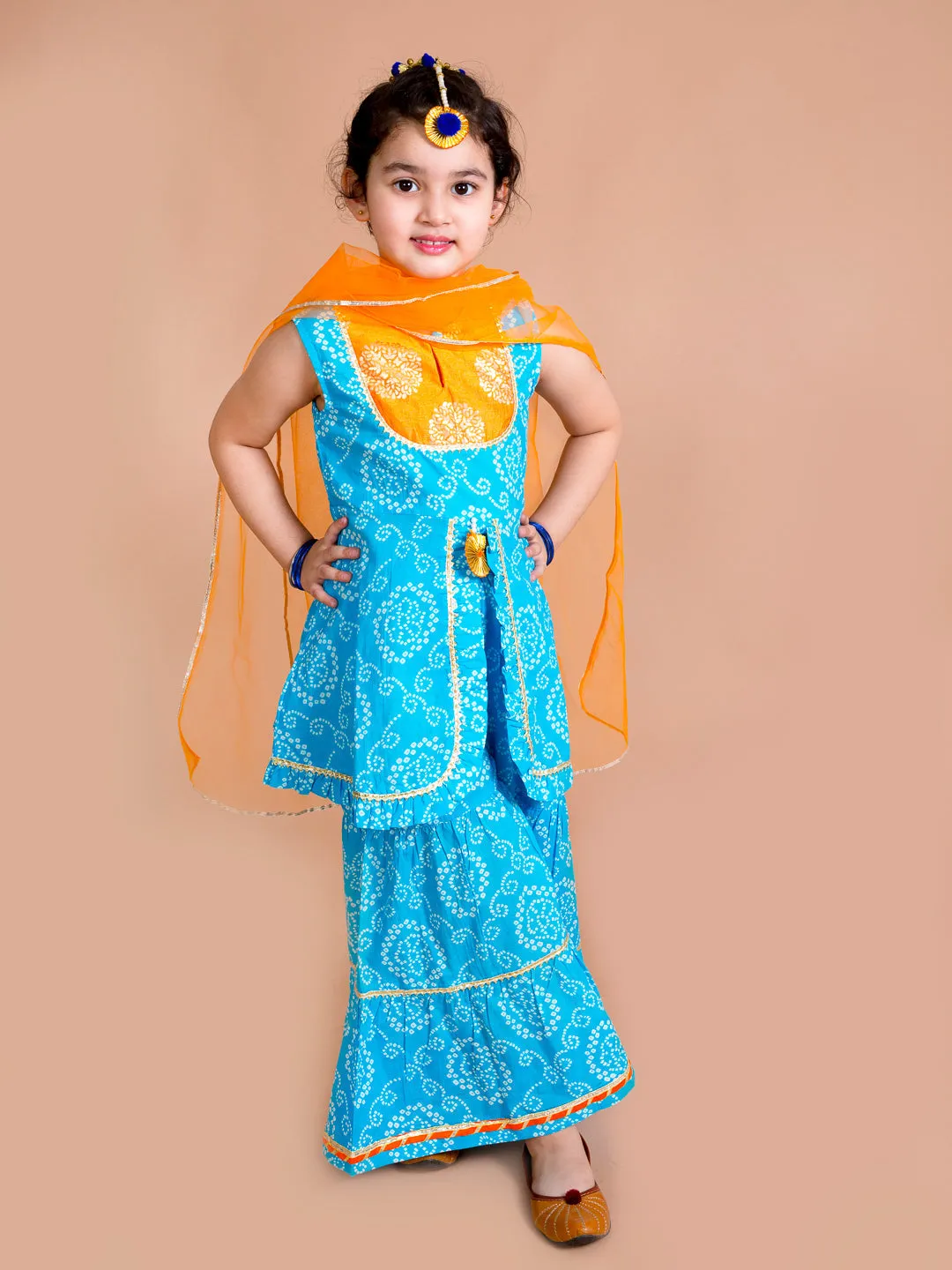 Girls Blue Bandhani Printed Panelled Gotta Patti Pure Cotton Kurti With Sharara With Dupatta - Ps Peaches