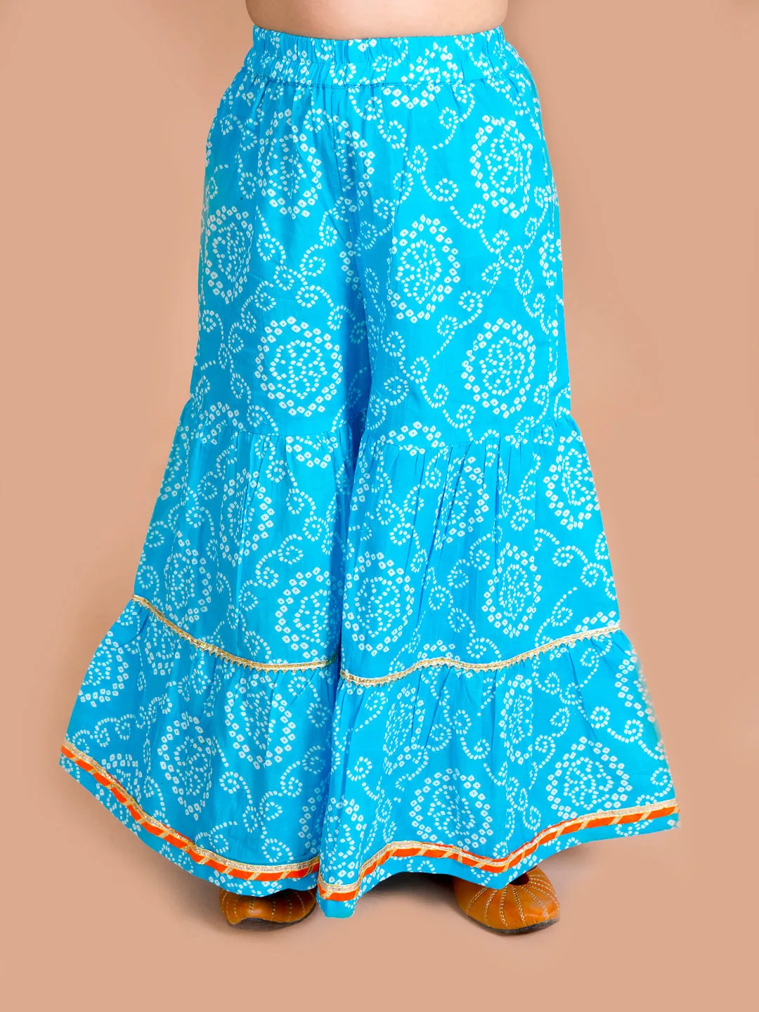 Girls Blue Bandhani Printed Panelled Gotta Patti Pure Cotton Kurti With Sharara With Dupatta - Ps Peaches