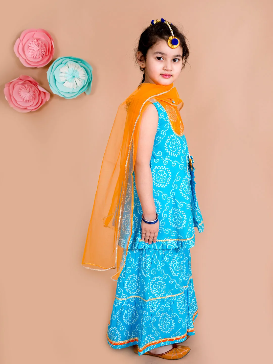 Girls Blue Bandhani Printed Panelled Gotta Patti Pure Cotton Kurti With Sharara With Dupatta - Ps Peaches