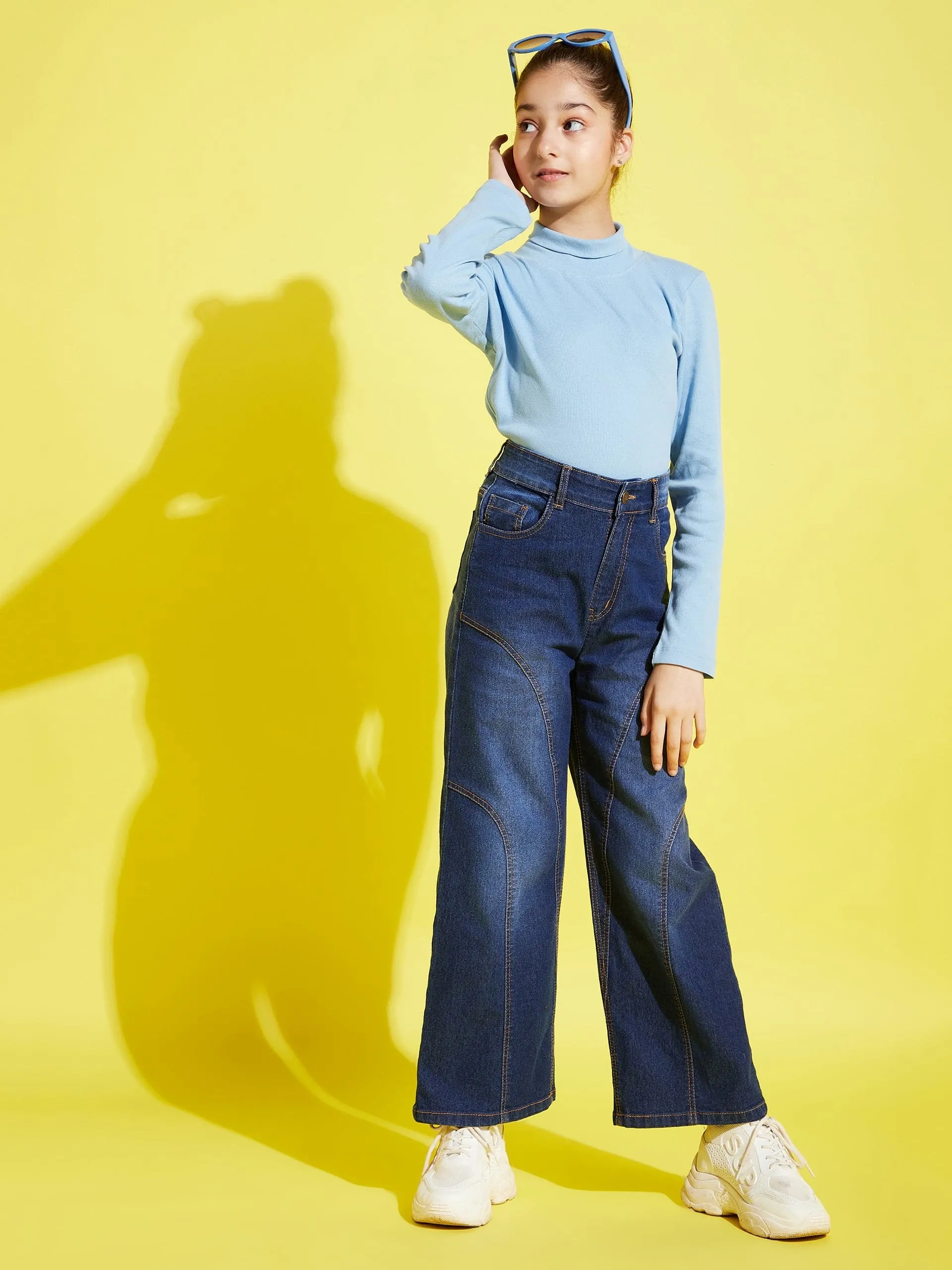 Girls Blue Contrast Thread Straight Jeans - Lyush Kids