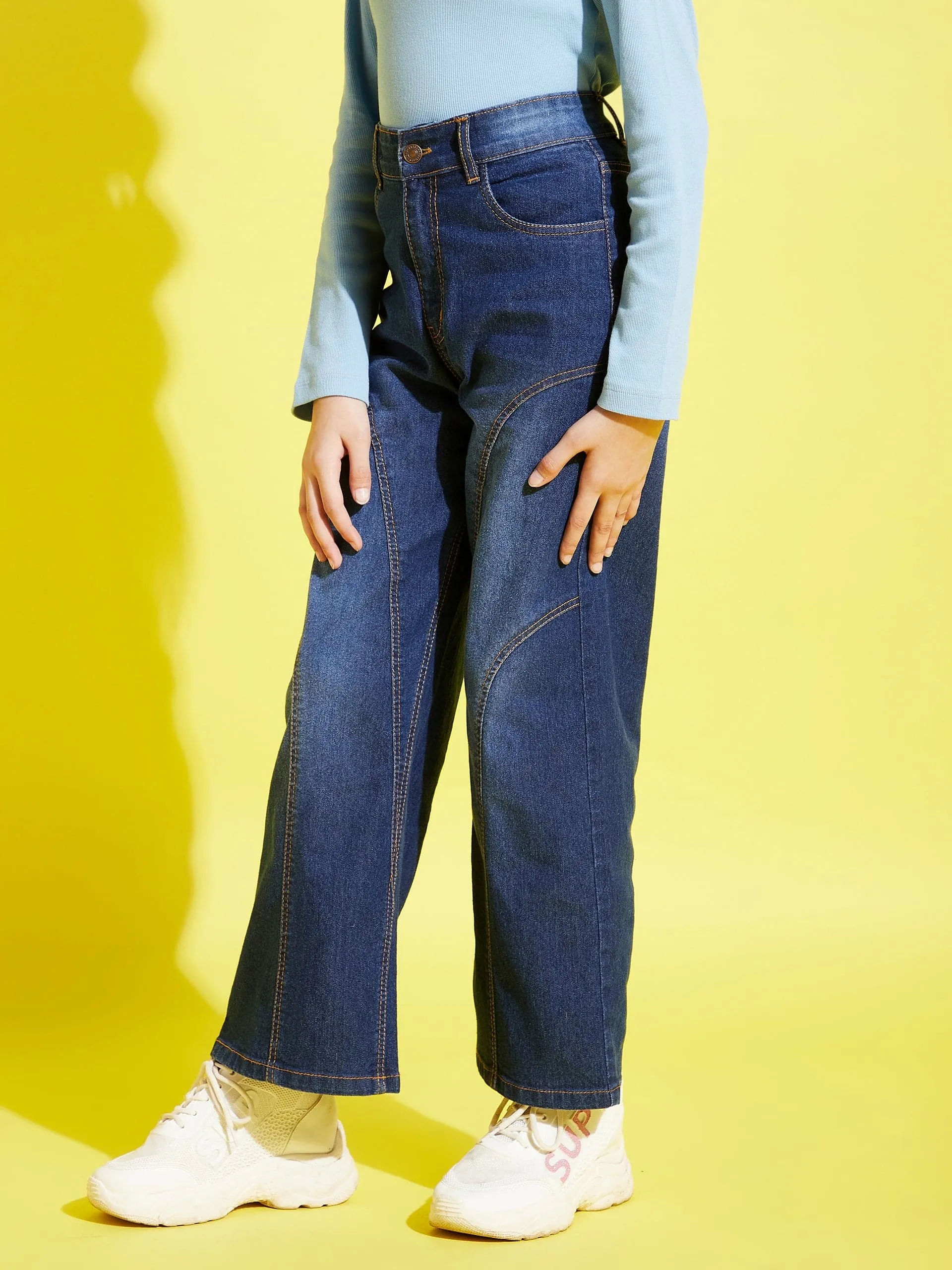 Girls Blue Contrast Thread Straight Jeans - Lyush Kids