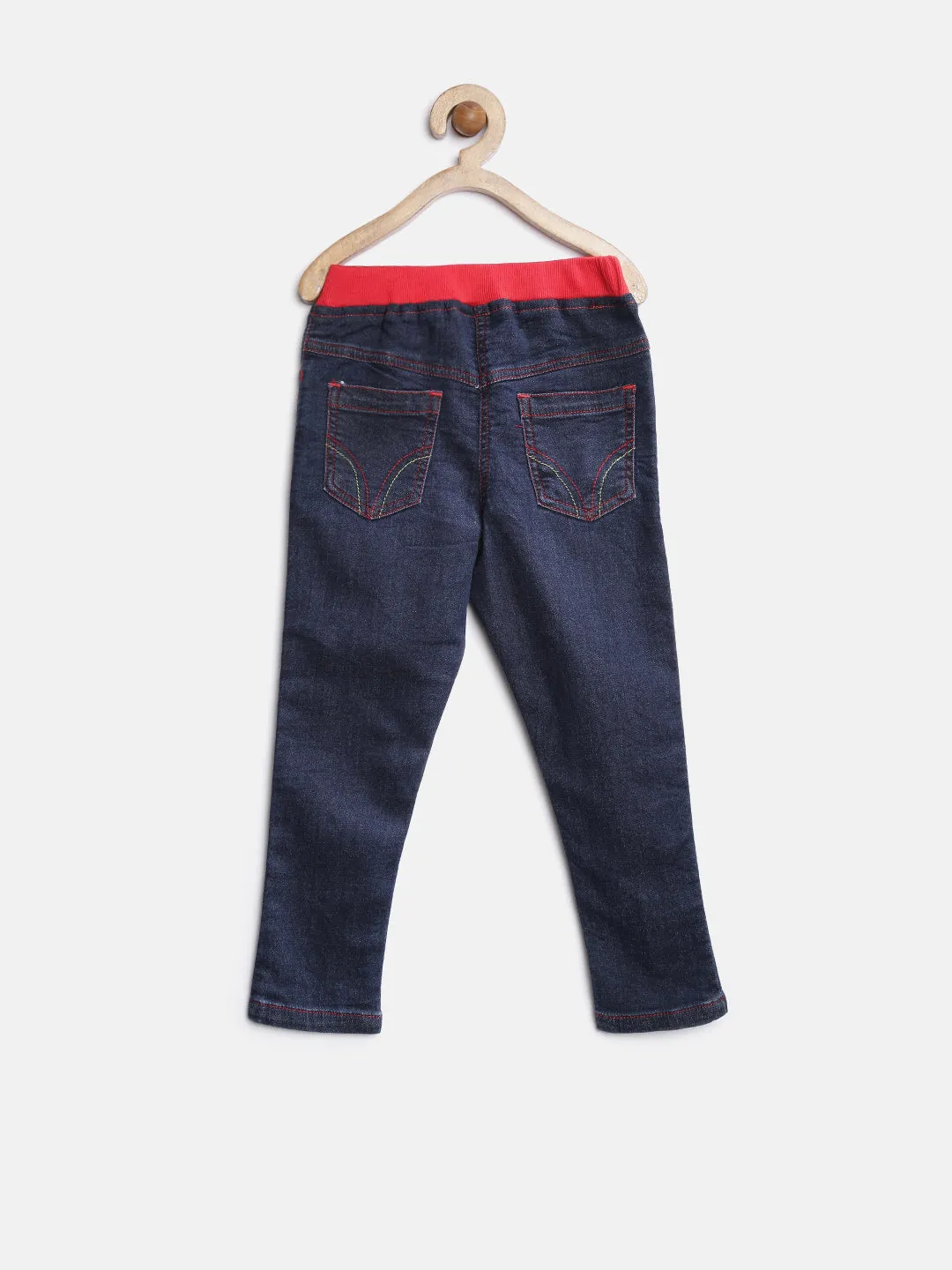 Girl's Blue Denim Jeans With Red Waistband - StyleStone Kid