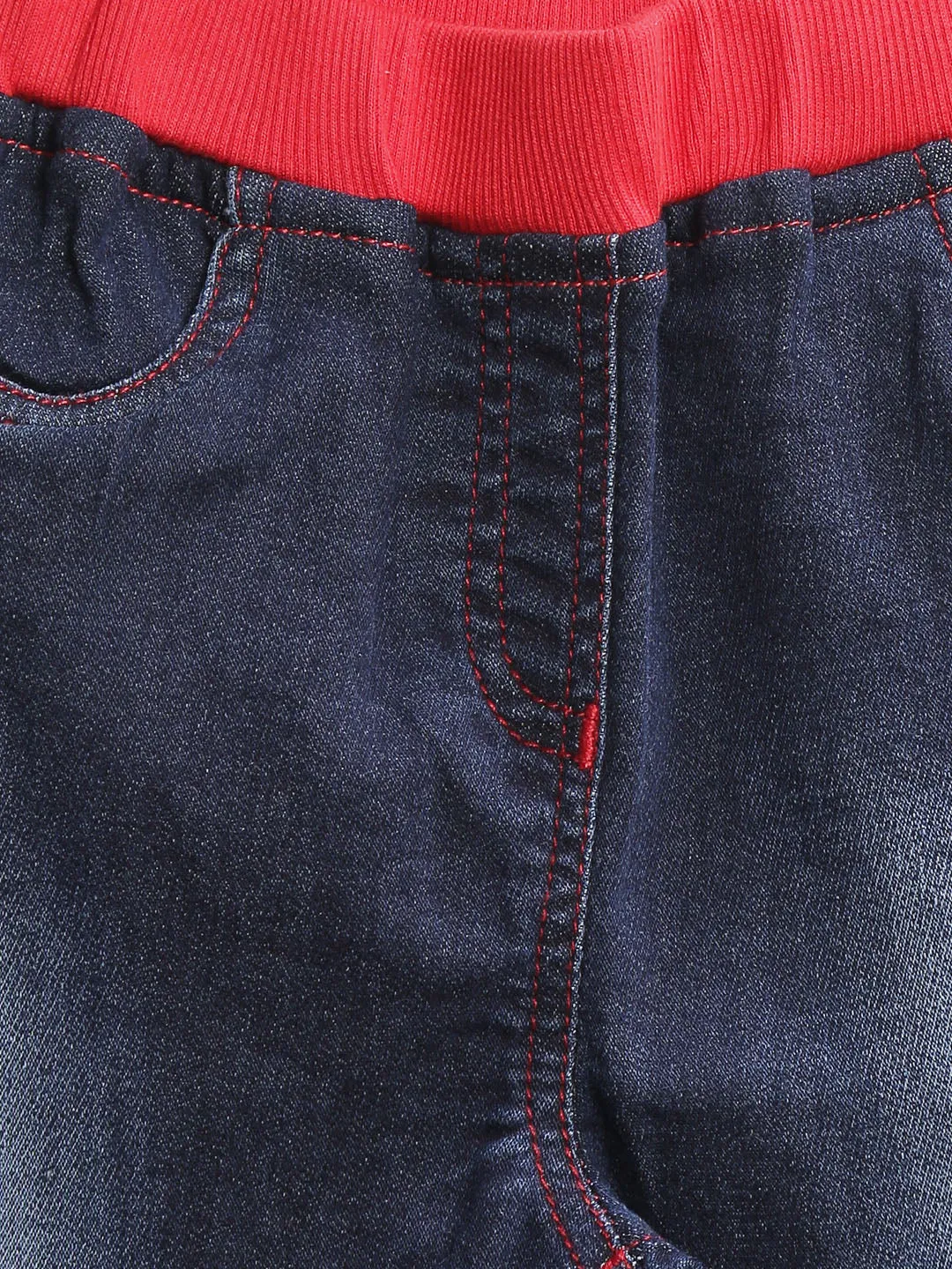 Girl's Blue Denim Jeans With Red Waistband - StyleStone Kid