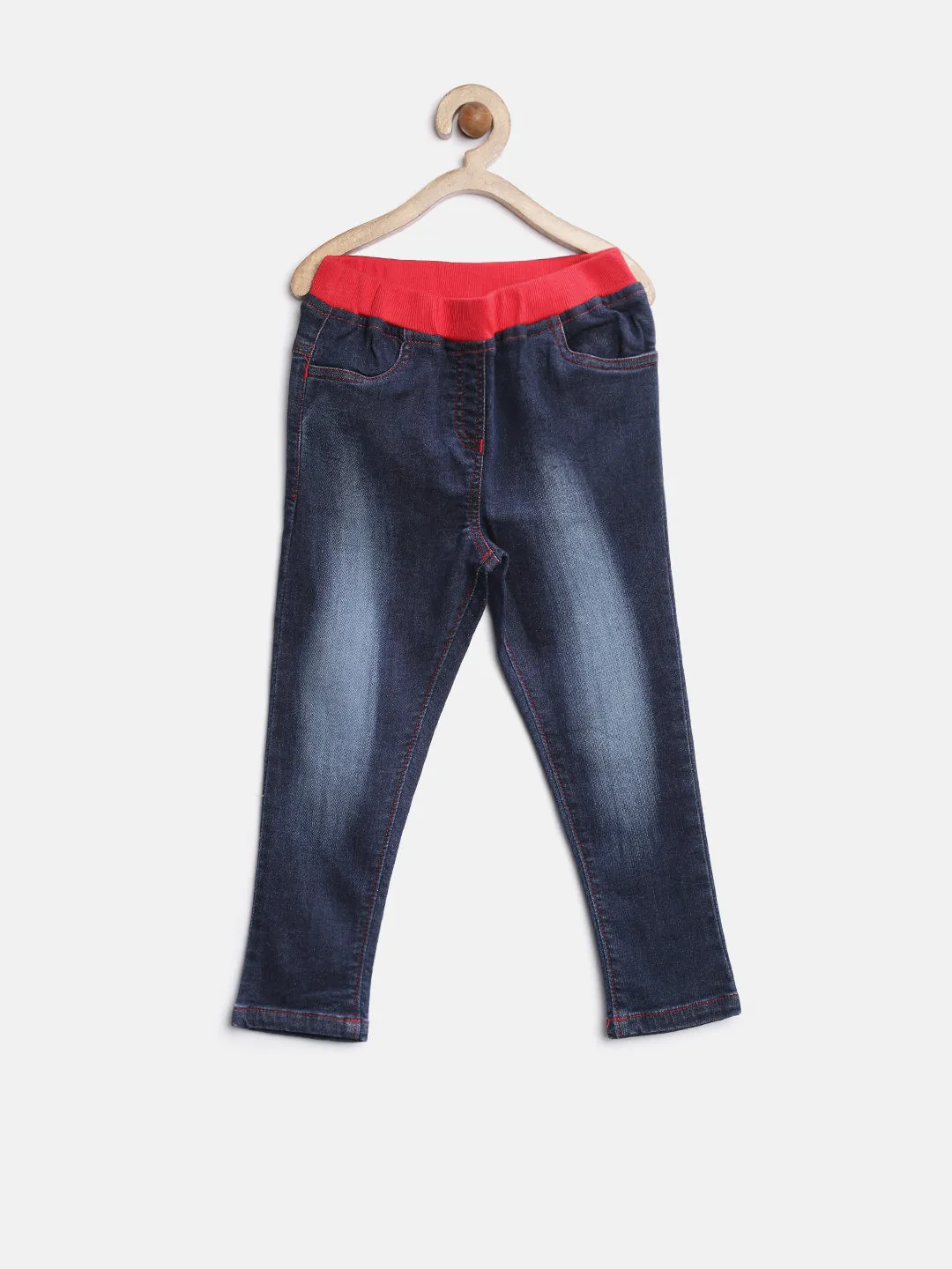 Girl's Blue Denim Jeans With Red Waistband - StyleStone Kid