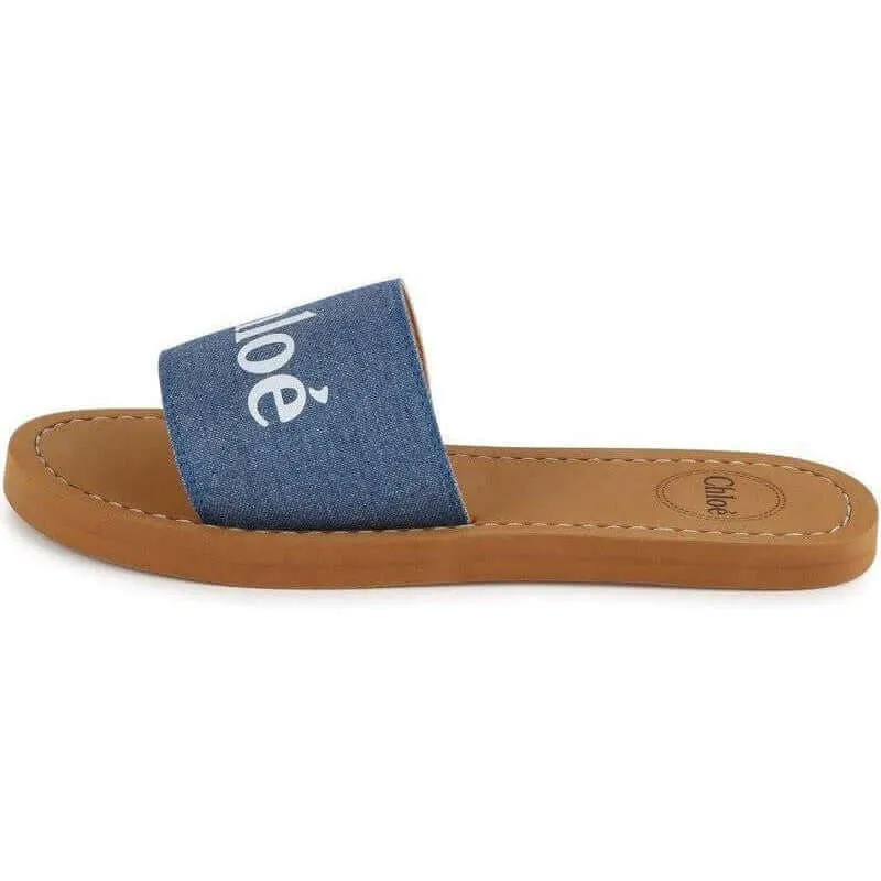 Girls Blue Denim Logo Slides