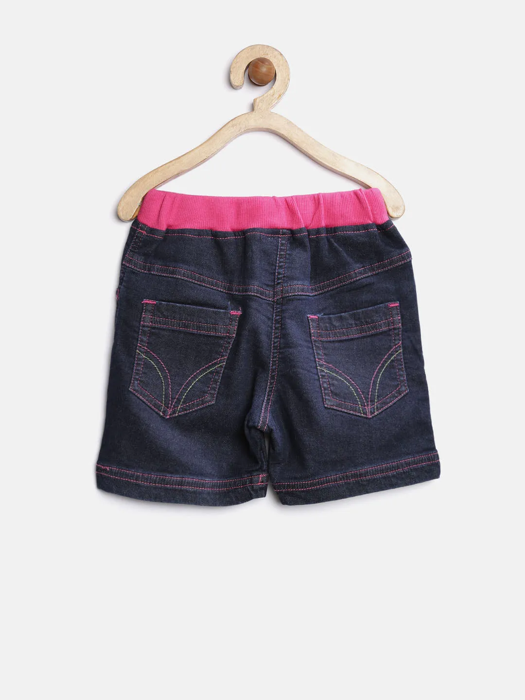 Girl's  Blue Denim Shorts With Pink Waistband - StyleStone Kid