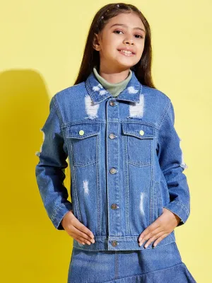 Girls Blue Distressed Neon Button Denim Jacket - Lyush Kids