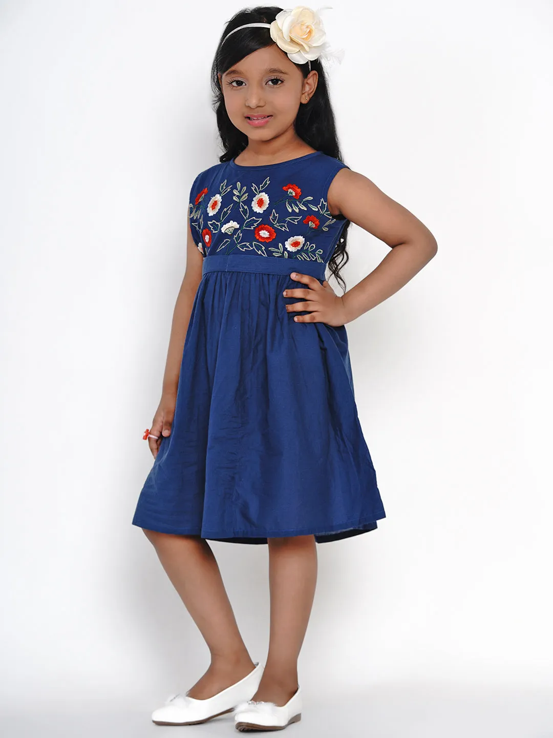 Girl's Blue Embroidered Fit And Flare  Dress - Bitiya By Bhama