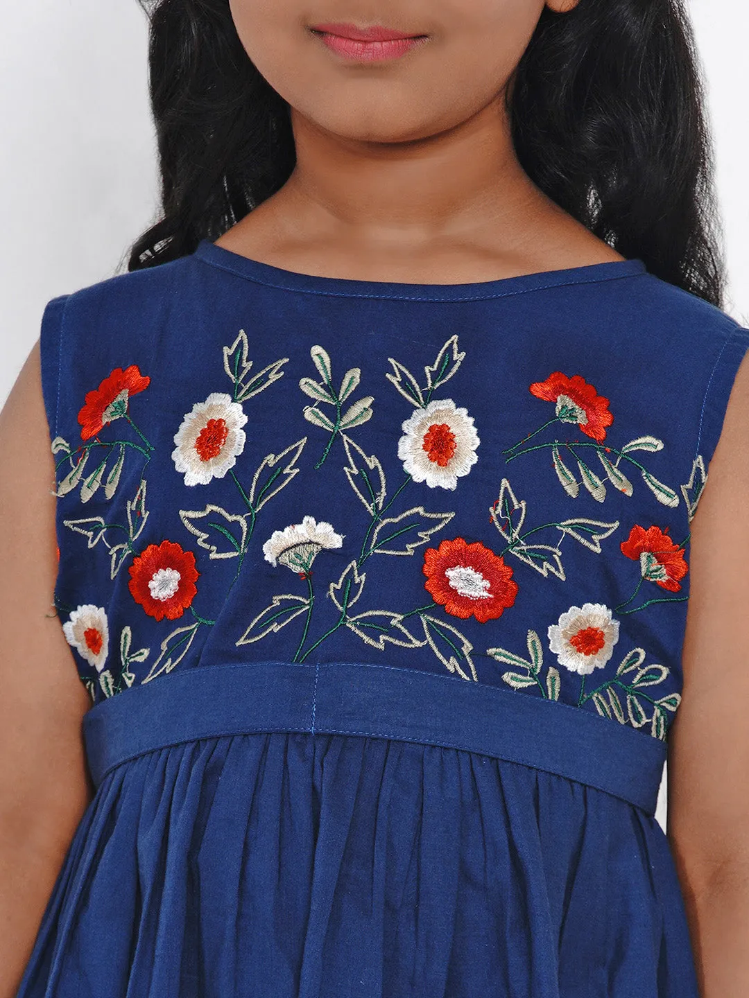 Girl's Blue Embroidered Fit And Flare  Dress - Bitiya By Bhama