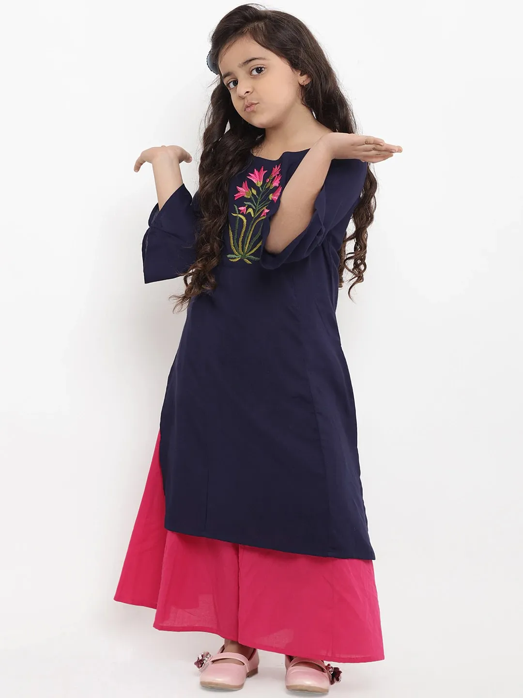 Girl's Blue Floral Embroidered Panelled Kurta With  Palazzos - Bitiya By Bhama