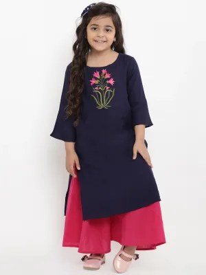 Girl's Blue Floral Embroidered Panelled Kurta With  Palazzos - Bitiya By Bhama