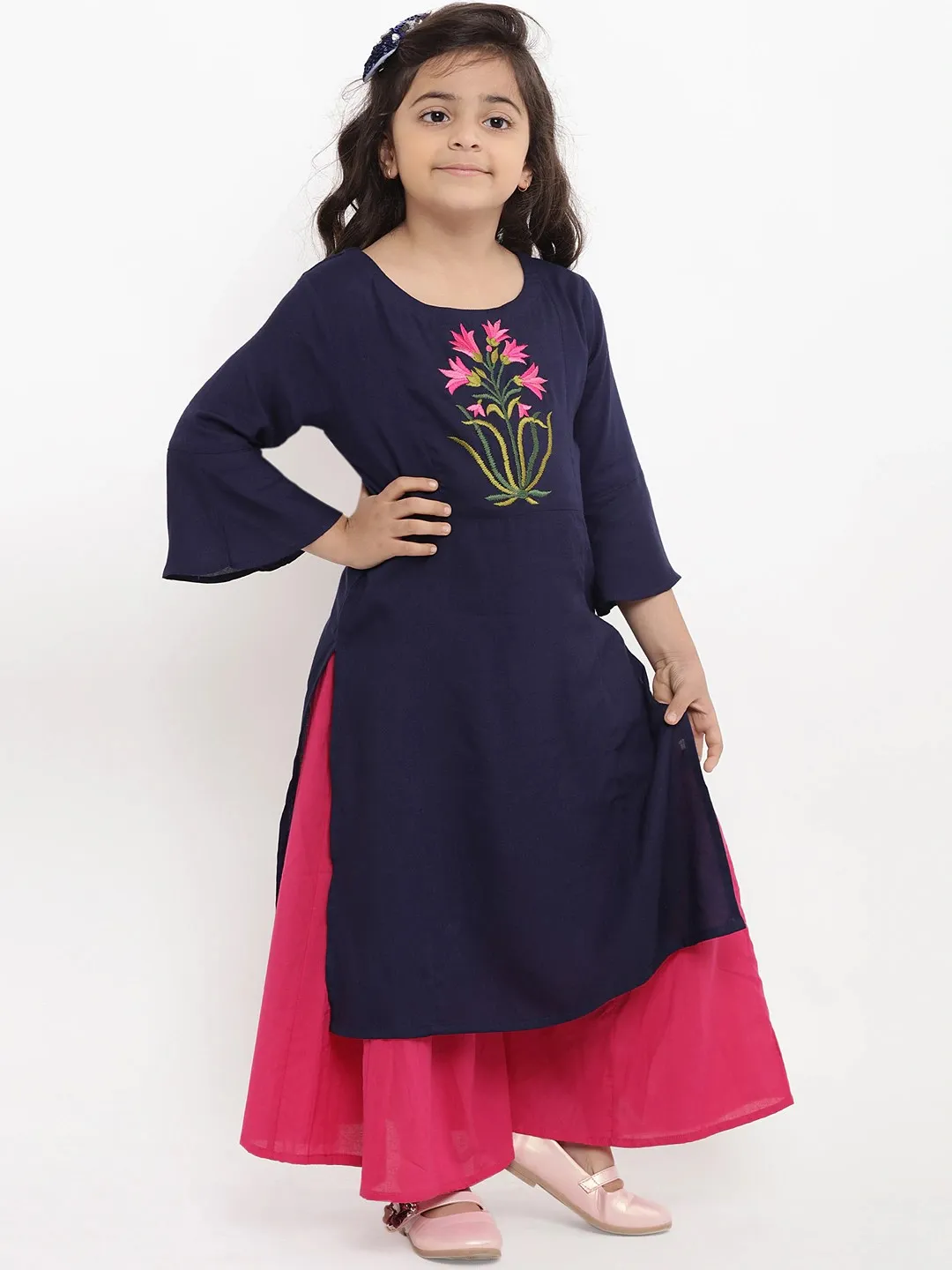 Girl's Blue Floral Embroidered Panelled Kurta With  Palazzos - Bitiya By Bhama