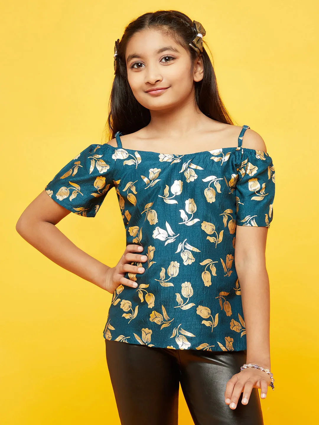 Girl's Blue Floral Print Off Shoulder Top - Aks Girls