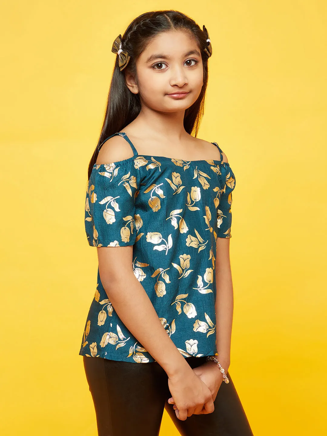 Girl's Blue Floral Print Off Shoulder Top - Aks Girls