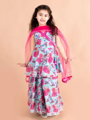 Girls Blue Floral Printed Angrakha Gotta Patti Pure Cotton Kurti With Sharara With Dupatta - Ps Peaches